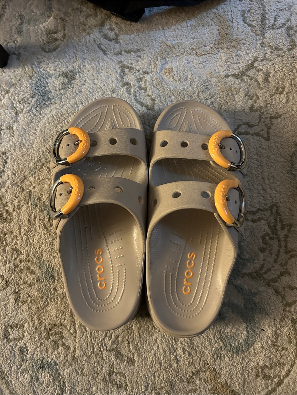 CROCS platform Dual-Buckle Slide Sandals in Beige with orange Buckles